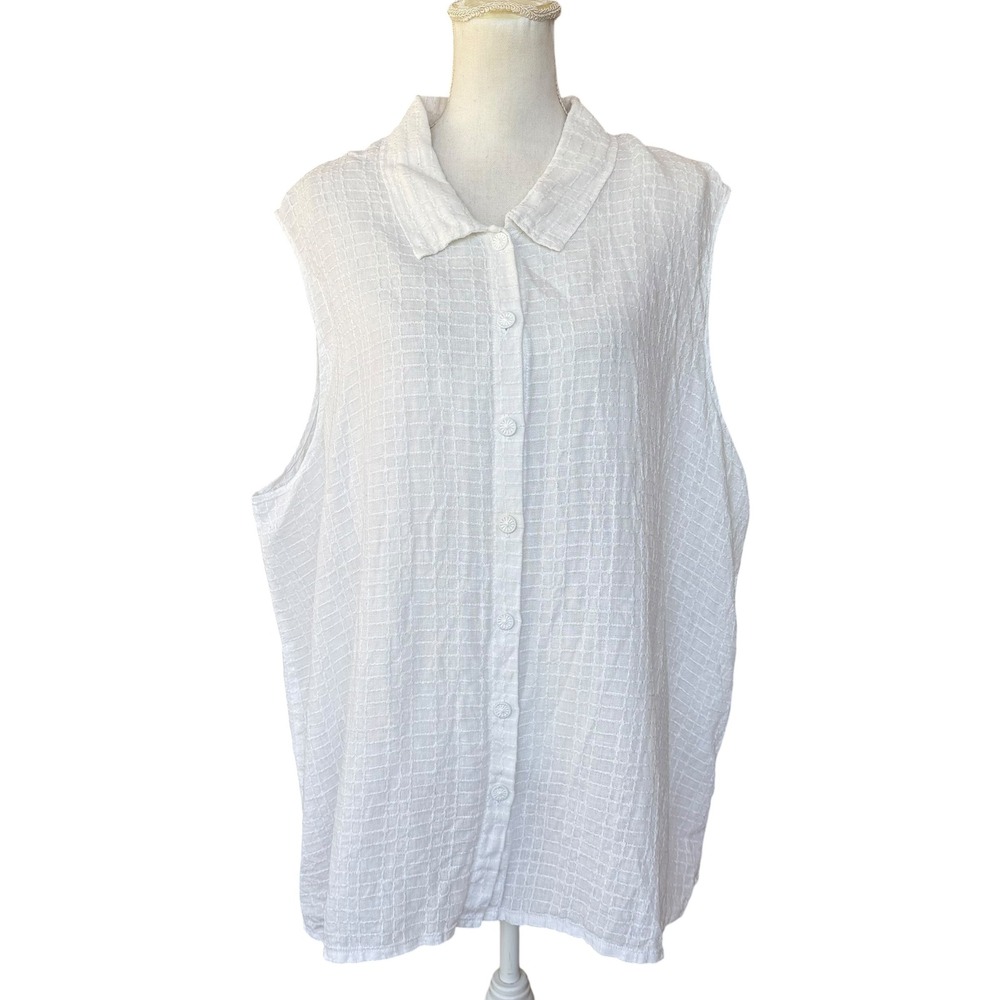 FLAX White 100% Linen Textured Grid Sleeveless Button Down Shirt Generous 2G